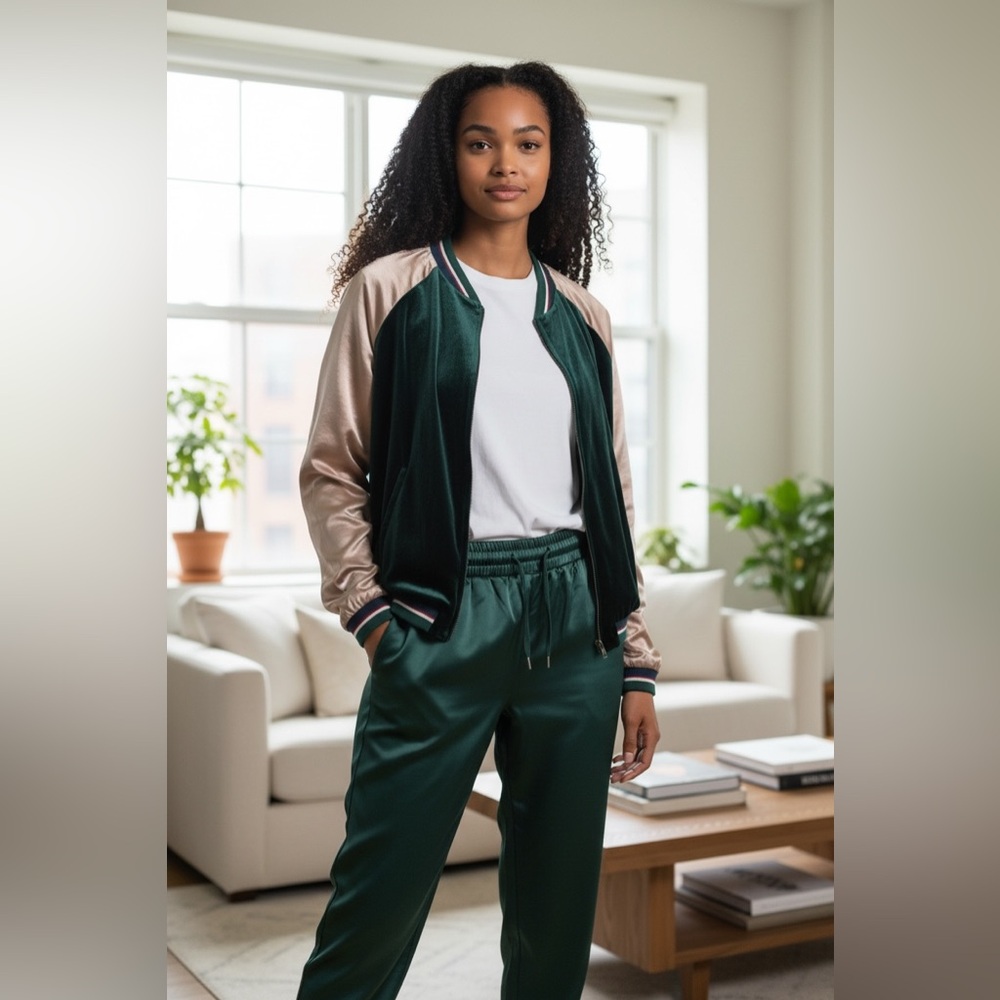 Green and Gold Bomber Jacket and matching satin joggers